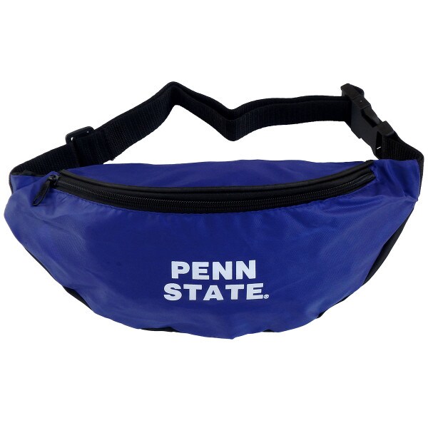 navy fanny pack with black strap & buckle and white Penn State on front
